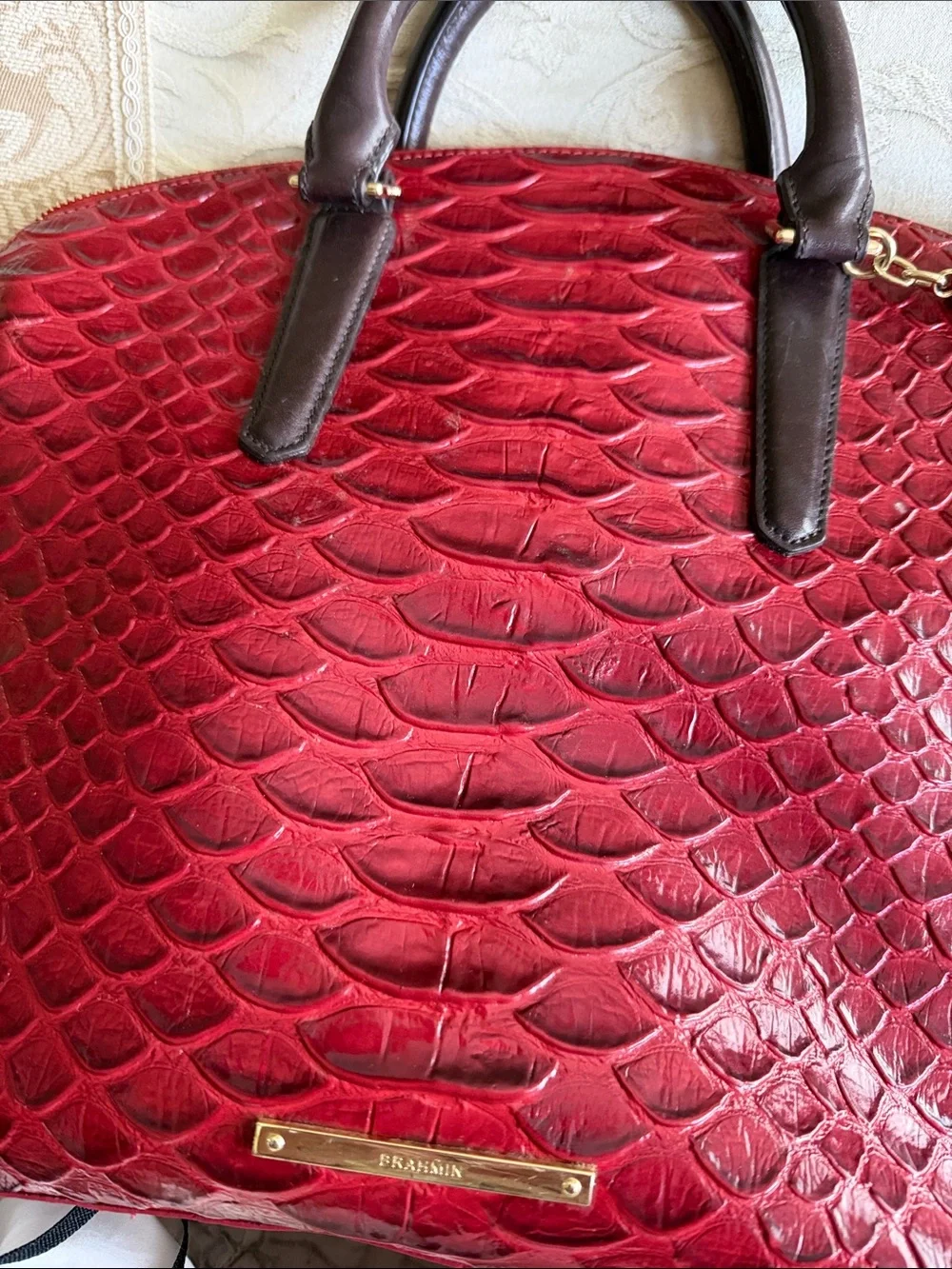 Brahmin bag large red and brown like new 16” by 11”